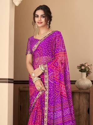 Purple Chiffon Bandhej Printed Sari,Saree With Unstitched Blouse Piece 2