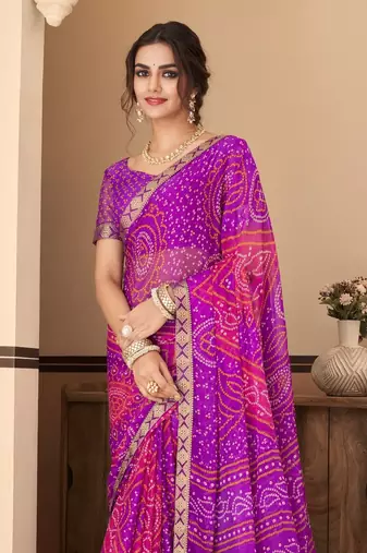 Purple Chiffon Bandhej Printed Sari,Saree With Unstitched Blouse Piece