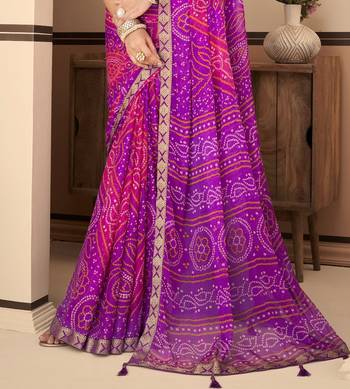 Purple Chiffon Bandhej Printed Sari,Saree With Unstitched Blouse Piece 3