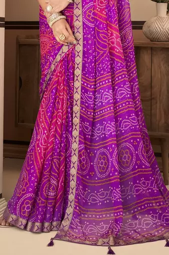 Purple Chiffon Bandhej Printed Sari,Saree With Unstitched Blouse Piece