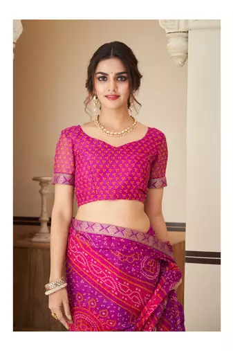 Purple Chiffon Bandhej Printed Sari,Saree With Unstitched Blouse Piece