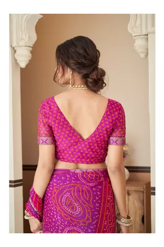 Purple Chiffon Bandhej Printed Sari,Saree With Unstitched Blouse Piece