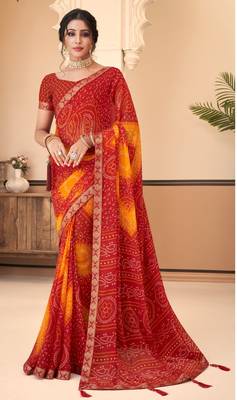 Red Chiffon Bandhej Printed Sari,Saree With Unstitched Blouse Piece 1