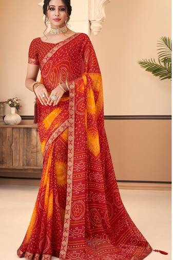 Red Chiffon Bandhej Printed Sari,Saree With Unstitched Blouse Piece