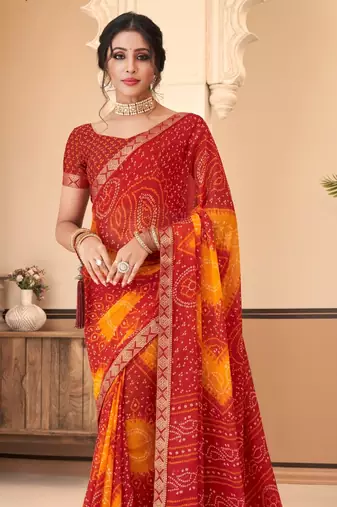 Red Chiffon Bandhej Printed Sari,Saree With Unstitched Blouse Piece