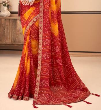 Red Chiffon Bandhej Printed Sari,Saree With Unstitched Blouse Piece 3