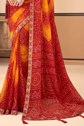 Red Chiffon Bandhej Printed Sari,Saree With Unstitched Blouse Piece