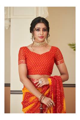 Red Chiffon Bandhej Printed Sari,Saree With Unstitched Blouse Piece 4