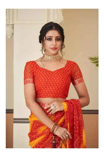 Red Chiffon Bandhej Printed Sari,Saree With Unstitched Blouse Piece