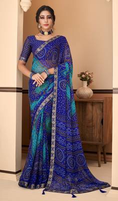 Blue Chiffon Bandhej Printed Sari,Saree With Unstitched Blouse Piece 1