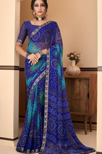 Blue Chiffon Bandhej Printed Sari,Saree With Unstitched Blouse Piece