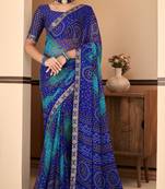 Blue Chiffon Bandhej Printed Sari,Saree With Unstitched Blouse Piece