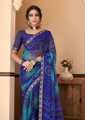 Blue Chiffon Bandhej Printed Sari,Saree With Unstitched Blouse Piece 2