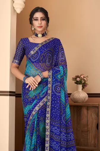 Blue Chiffon Bandhej Printed Sari,Saree With Unstitched Blouse Piece