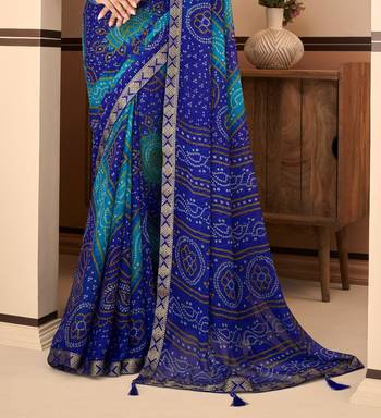 Blue Chiffon Bandhej Printed Sari,Saree With Unstitched Blouse Piece 3