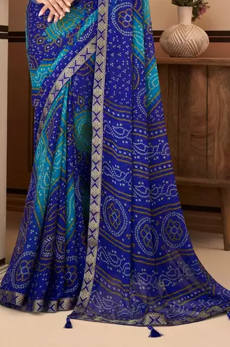 Blue Chiffon Bandhej Printed Sari,Saree With Unstitched Blouse Piece