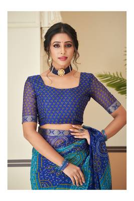Blue Chiffon Bandhej Printed Sari,Saree With Unstitched Blouse Piece 4