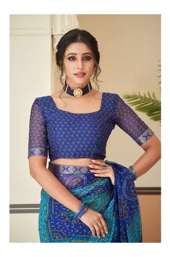Blue Chiffon Bandhej Printed Sari,Saree With Unstitched Blouse Piece