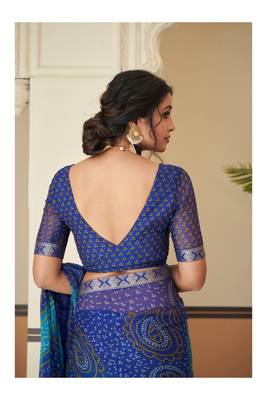 Blue Chiffon Bandhej Printed Sari,Saree With Unstitched Blouse Piece 5