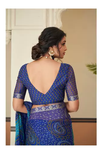 Blue Chiffon Bandhej Printed Sari,Saree With Unstitched Blouse Piece