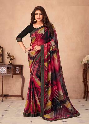 Black Chiffon Maheshwari Printed Sari,Saree With Unstitched Blouse Piece 1