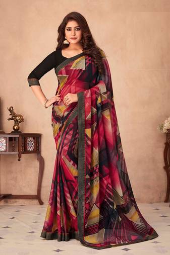 Black Chiffon Maheshwari Printed Sari,Saree With Unstitched Blouse Piece
