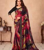 Black Chiffon Maheshwari Printed Sari,Saree With Unstitched Blouse Piece