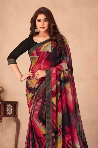 Black Chiffon Maheshwari Printed Sari,Saree With Unstitched Blouse Piece