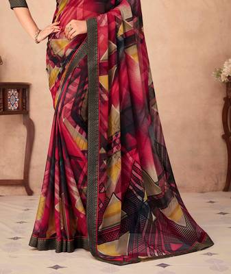 Black Chiffon Maheshwari Printed Sari,Saree With Unstitched Blouse Piece 3