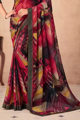 Black Chiffon Maheshwari Printed Sari,Saree With Unstitched Blouse Piece