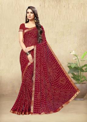 Maroon Chiffon Bandhej Printed Sari,Saree With Unstitched Blouse Piece 1