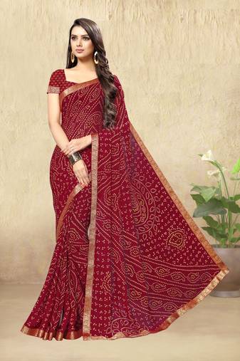 Maroon Chiffon Bandhej Printed Sari,Saree With Unstitched Blouse Piece
