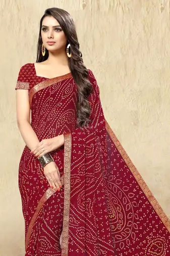 Maroon Chiffon Bandhej Printed Sari,Saree With Unstitched Blouse Piece