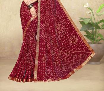 Maroon Chiffon Bandhej Printed Sari,Saree With Unstitched Blouse Piece 3