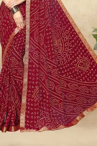 Maroon Chiffon Bandhej Printed Sari,Saree With Unstitched Blouse Piece