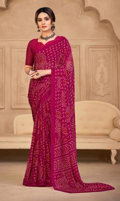 Magenta  Chiffon Bandhej Printed Sari,Saree With Unstitched Blouse Piece 1