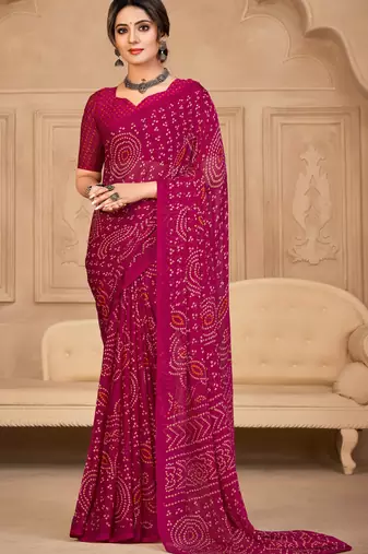 Magenta  Chiffon Bandhej Printed Sari,Saree With Unstitched Blouse Piece