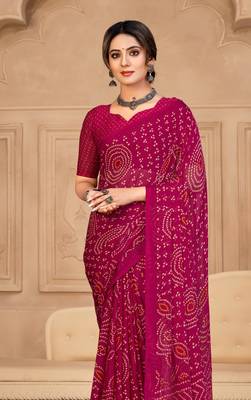 Magenta  Chiffon Bandhej Printed Sari,Saree With Unstitched Blouse Piece 2