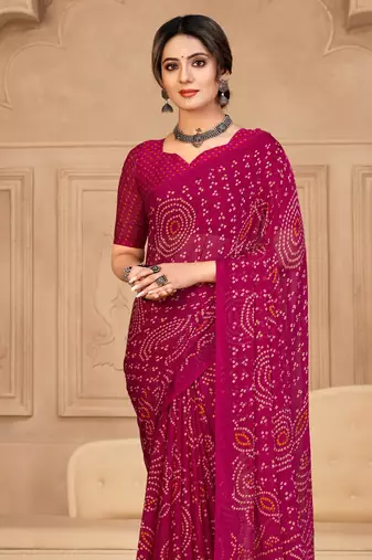 Magenta  Chiffon Bandhej Printed Sari,Saree With Unstitched Blouse Piece