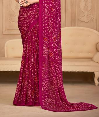 Magenta  Chiffon Bandhej Printed Sari,Saree With Unstitched Blouse Piece 3