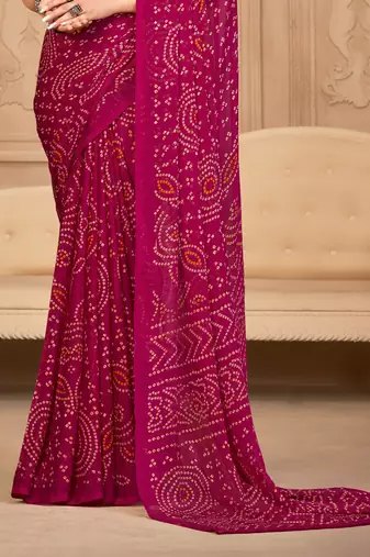 Magenta  Chiffon Bandhej Printed Sari,Saree With Unstitched Blouse Piece