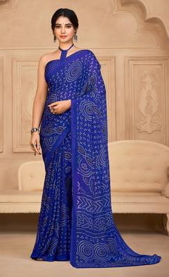 Blue Chiffon Bandhej Printed Sari,Saree With Unstitched Blouse Piece 1