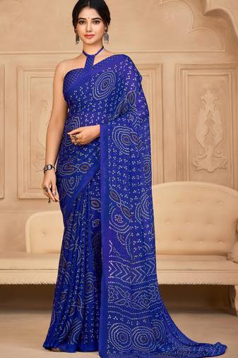 Blue Chiffon Bandhej Printed Sari,Saree With Unstitched Blouse Piece
