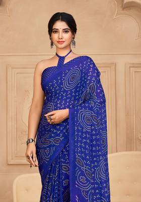 Blue Chiffon Bandhej Printed Sari,Saree With Unstitched Blouse Piece 2