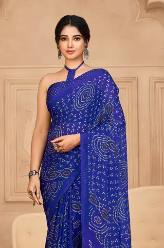 Blue Chiffon Bandhej Printed Sari,Saree With Unstitched Blouse Piece