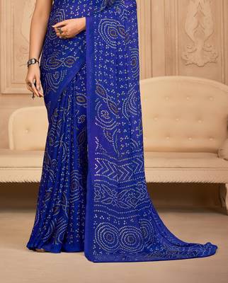 Blue Chiffon Bandhej Printed Sari,Saree With Unstitched Blouse Piece 3