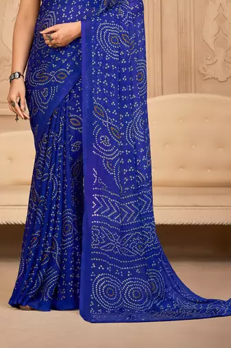 Blue Chiffon Bandhej Printed Sari,Saree With Unstitched Blouse Piece