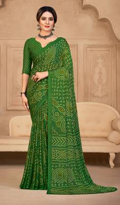 Green Chiffon Bandhej Printed Sari,Saree With Unstitched Blouse Piece 1