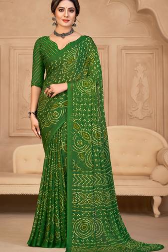 Green Chiffon Bandhej Printed Sari,Saree With Unstitched Blouse Piece