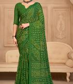 Green Chiffon Bandhej Printed Sari,Saree With Unstitched Blouse Piece